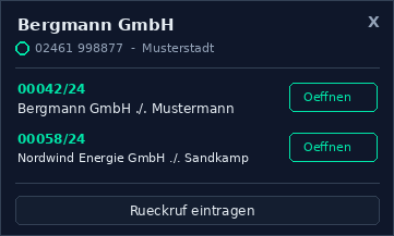 FiF Anrufmonitor Popup bei AnNoText mit erkanntem Anrufer und zugehörigen Akten